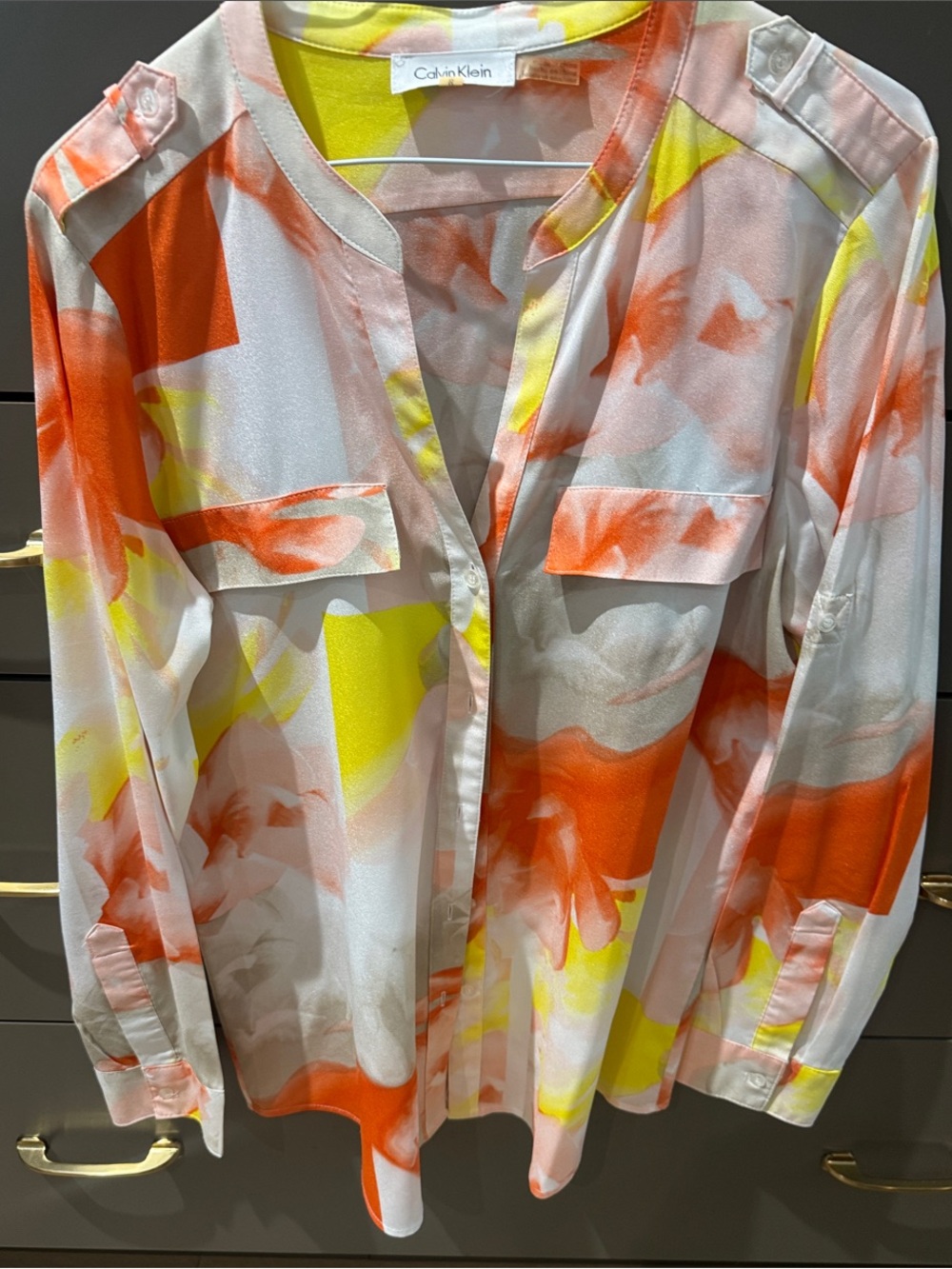 Calvin Klein Orange, Yellow and Cream Watercolor Button-Front Blouse